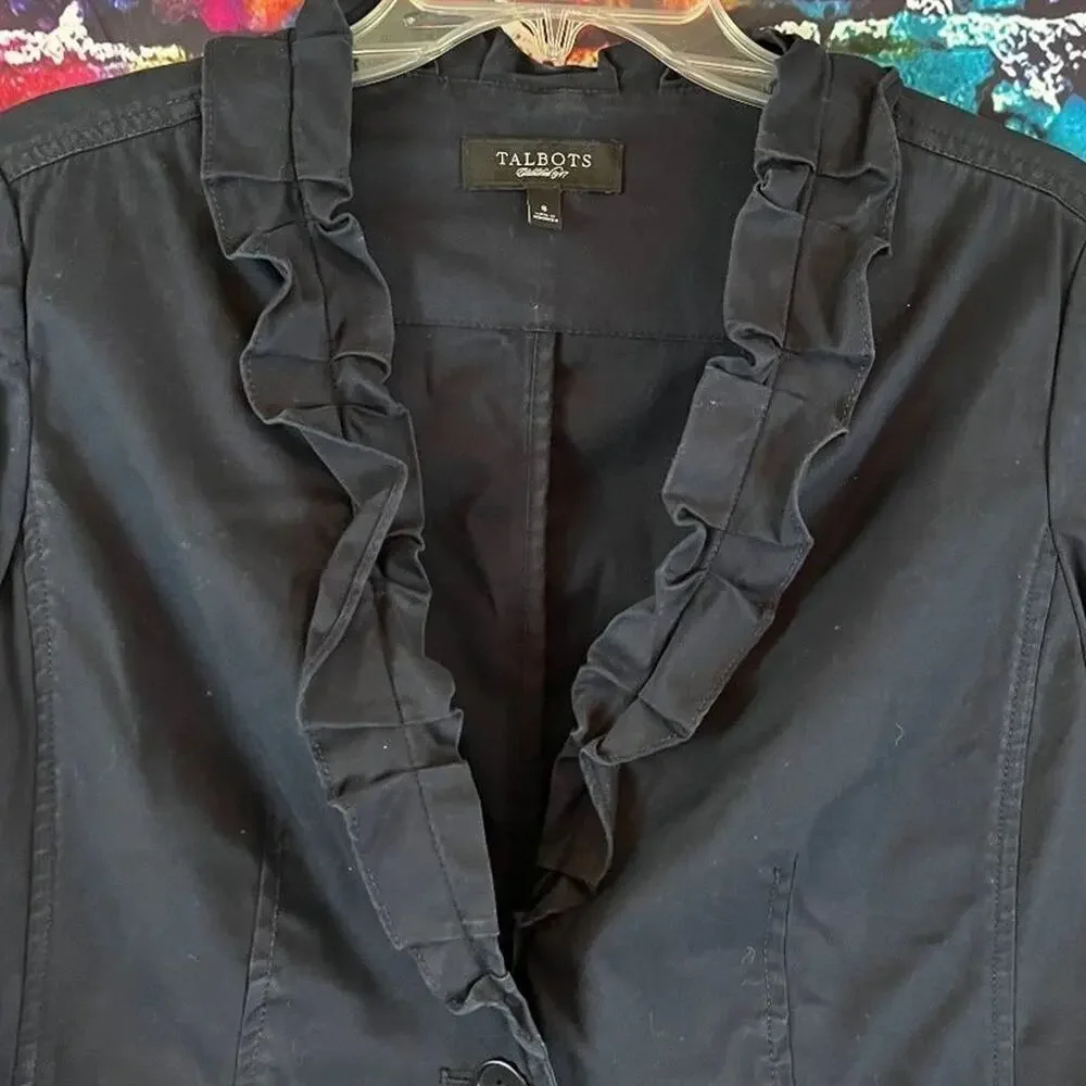 Talbots  Navy Blue Ruffled Blazer Jacket Single  Button Size 8